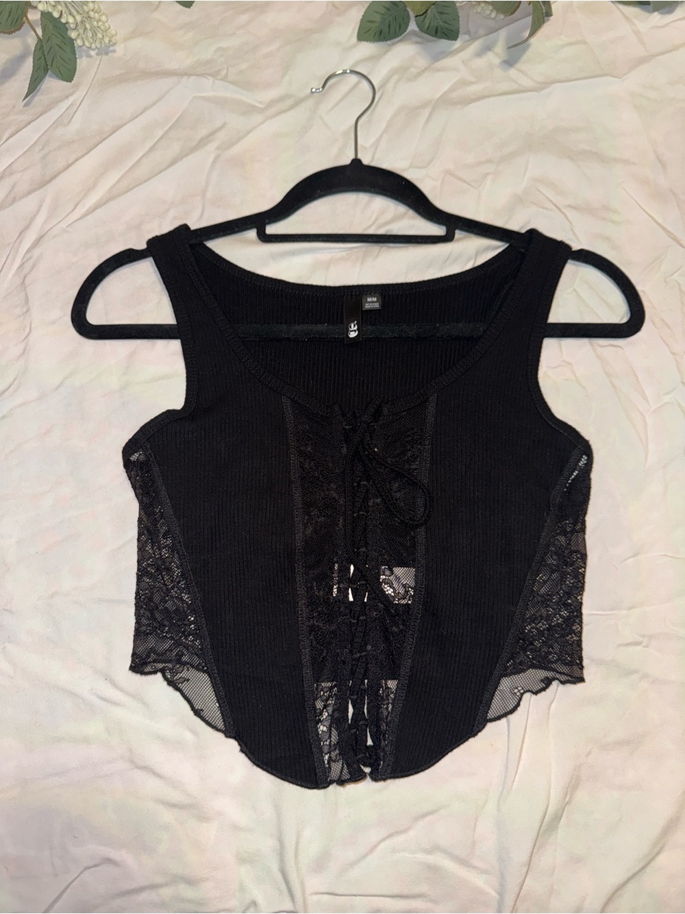 Garage Black Ribbed Lace-Up Crop Top with Lace Side Panels